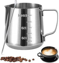 Cargar imagen en el visor de la galería, Jarra Graduada Barismo Latte Espumadora Acero + Pluma Decorativa
