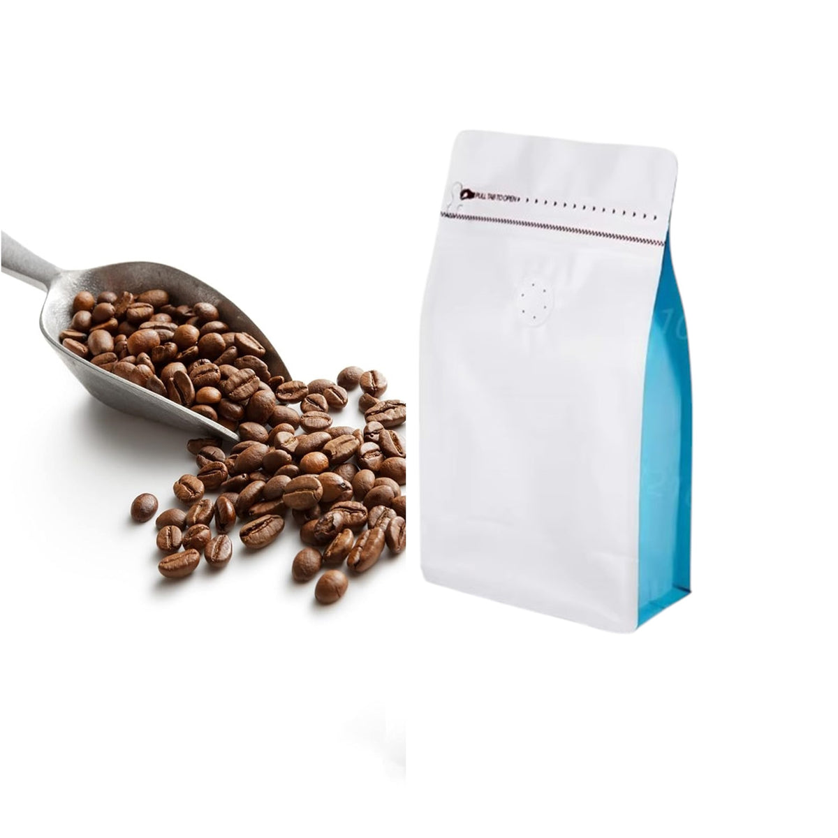 Empaque para café Frutos Secos con Zipper y válvula x 50 Unidades Blanco-Azul